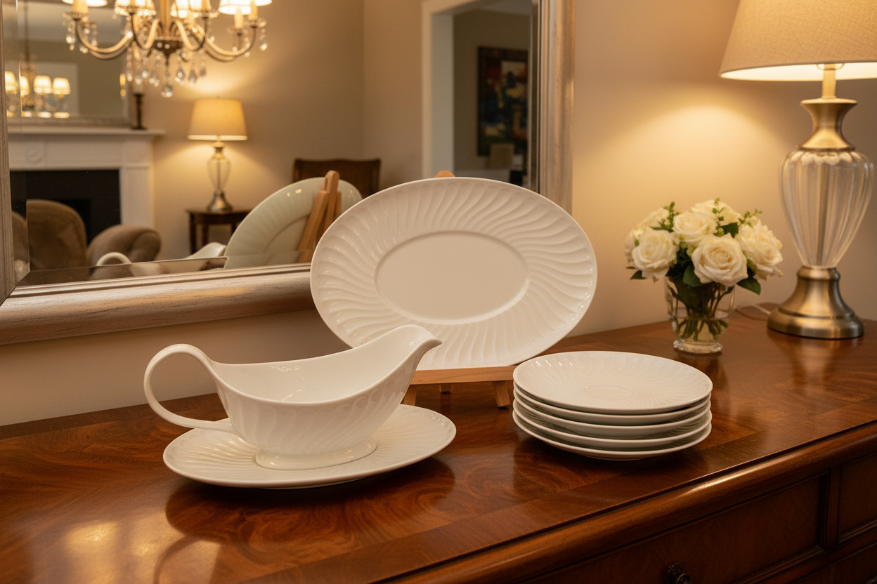 Vista Alegre Sagres Gravy Boat & Saucer Set in Home Setting